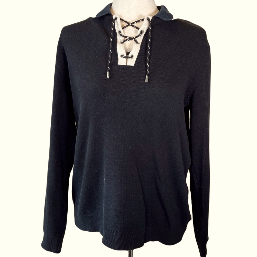 Long Sleeve Lace Up Polo, Black and Cream, Liz Claiborne size small